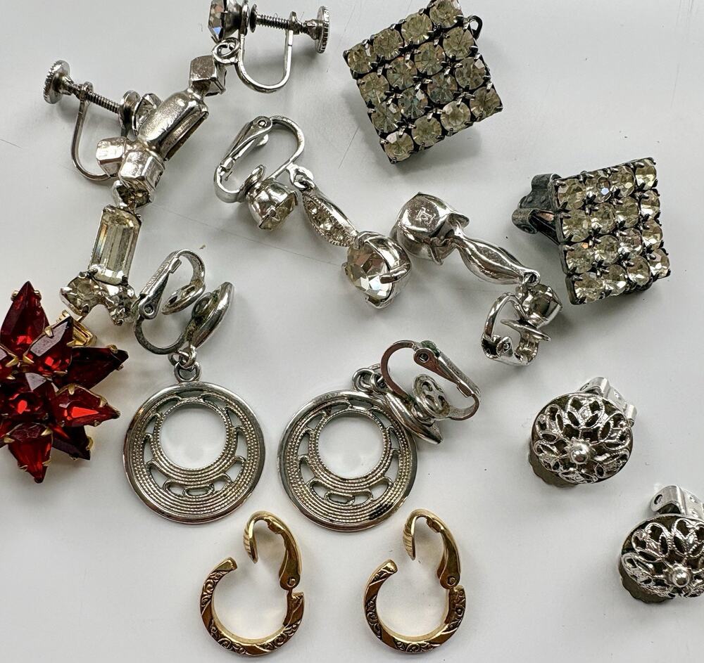 VTG Earrings Lot Clip On Various Dangle Rhinestone Huggie Mid-Century Costume